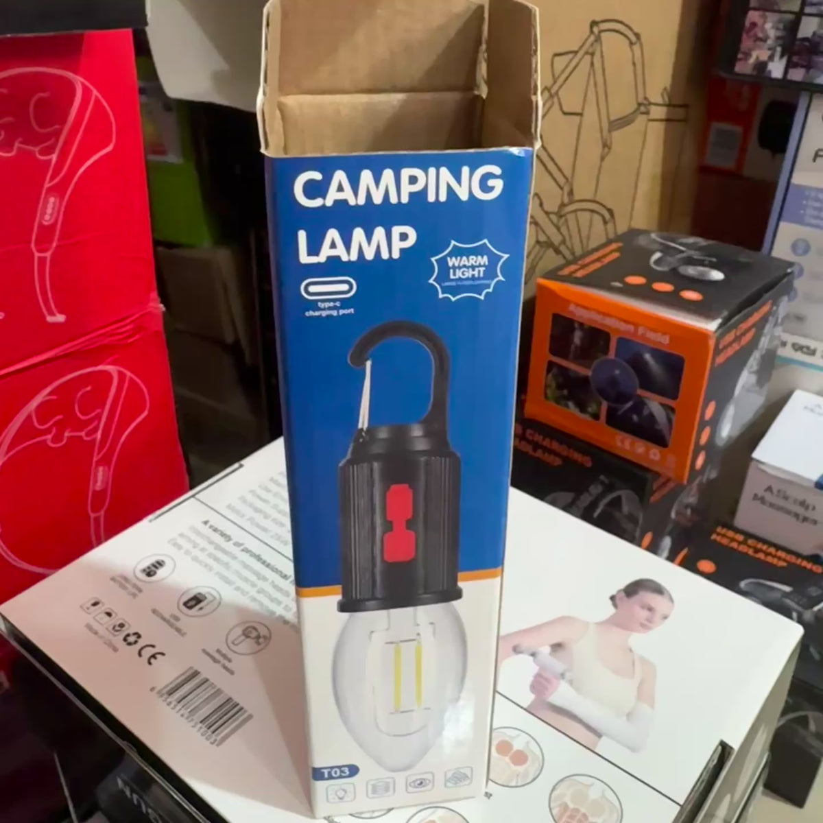 Portable LED Camping Lamp T03 – USB Type-C Rechargeable Warm Light with Hanging Hook